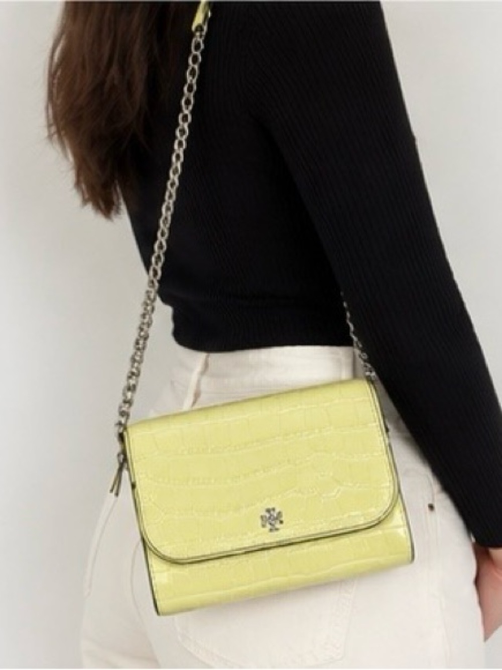 Tory Burch Croc-Embossed Pastel Yellow Chain Crossbody
